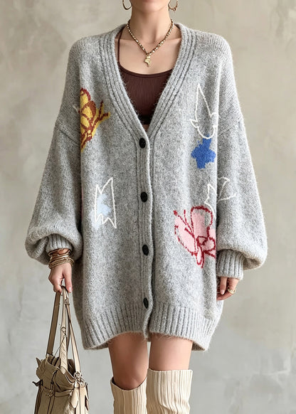 French Grey V Neck Cotton Knit Cardigans Lantern Sleeve