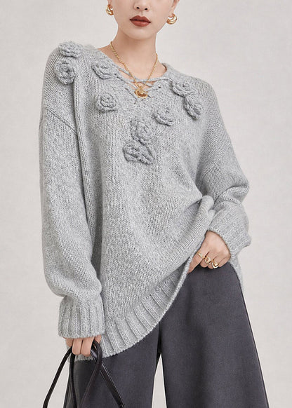 French Grey V Neck Floral Cotton Knit Sweater Long Sleeve