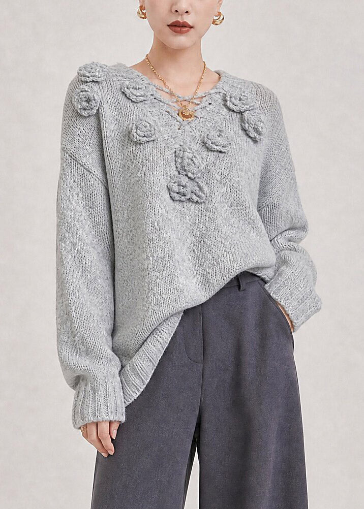 French Grey V Neck Floral Cotton Knit Sweater Long Sleeve