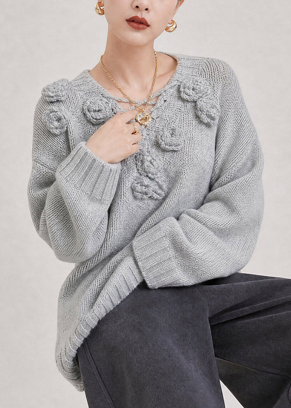 French Grey V Neck Floral Cotton Knit Sweater Long Sleeve