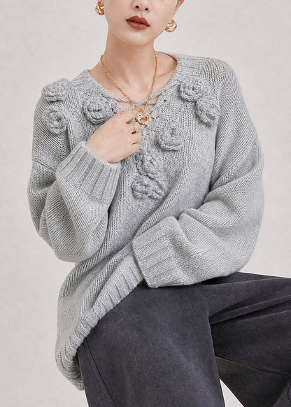 French Grey V Neck Floral Cotton Knit Sweater Long Sleeve