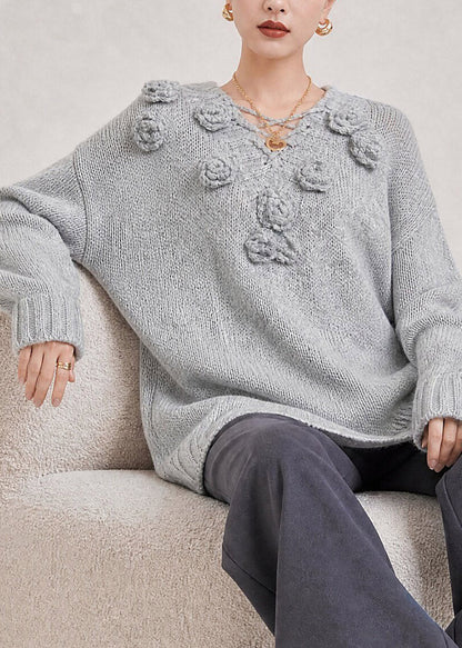 French Grey V Neck Floral Cotton Knit Sweater Long Sleeve