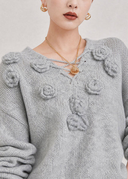 French Grey V Neck Floral Cotton Knit Sweater Long Sleeve