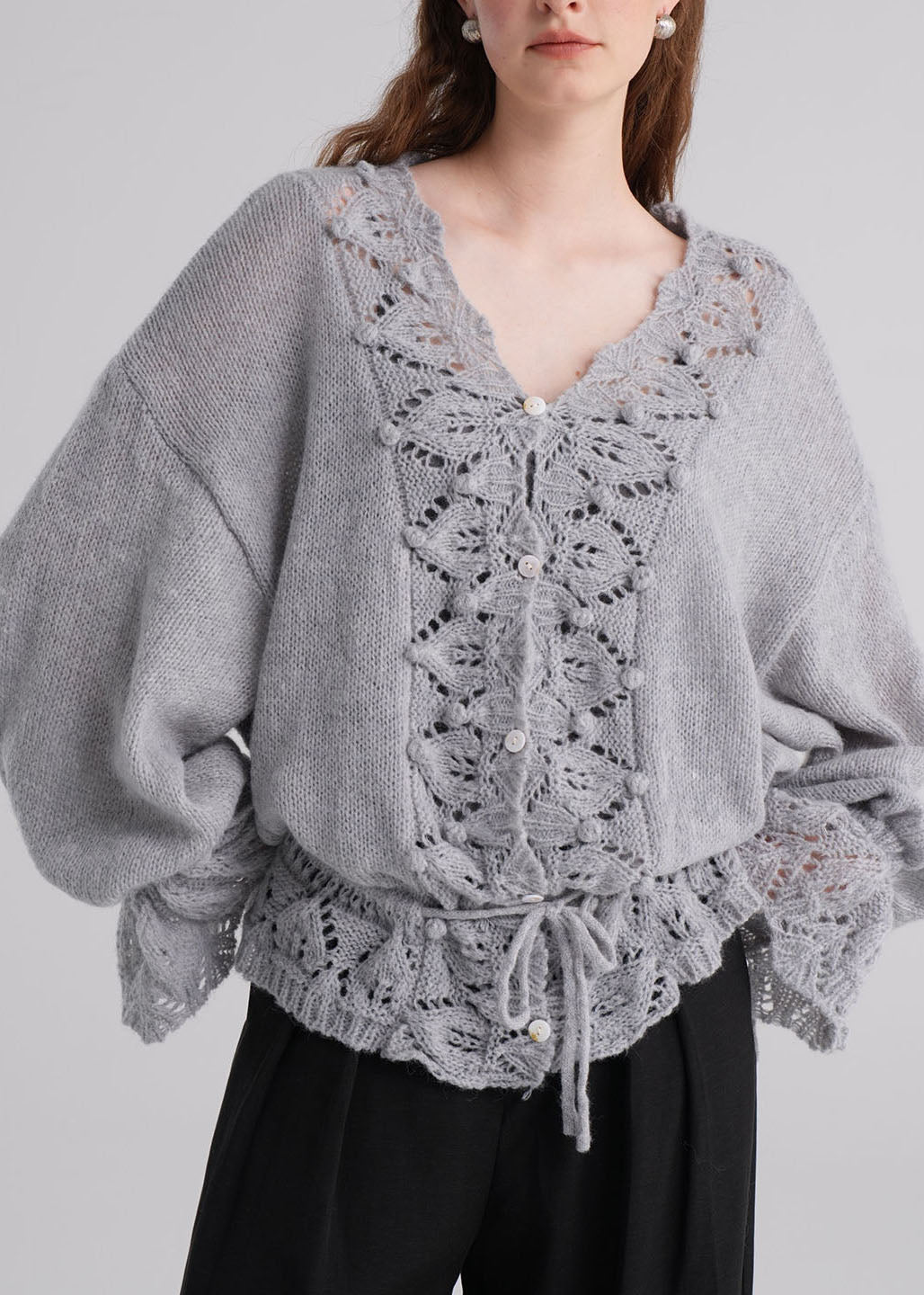 French Grey V Neck Hollow Out Button Knit Sweaters Fall