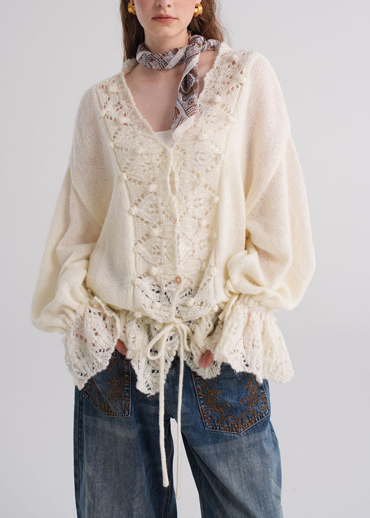 French Grey V Neck Hollow Out Button Knit Sweaters Fall