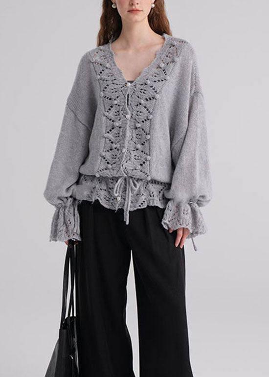 French Grey V Neck Hollow Out Button Knit Sweaters Fall