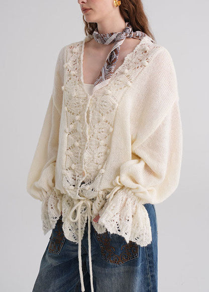 French Grey V Neck Hollow Out Button Knit Sweaters Fall