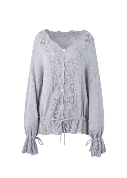 French Grey V Neck Hollow Out Button Knit Sweaters Fall