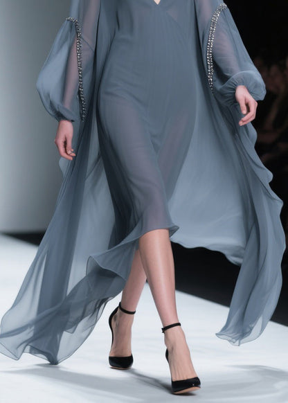 French Grey V Neck Oversized Chiffon Dress Lantern Sleeve
