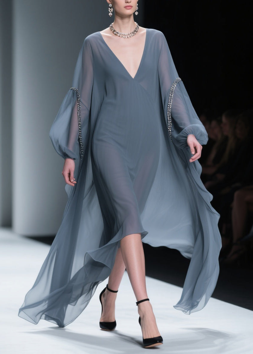 French Grey V Neck Oversized Chiffon Dress Lantern Sleeve
