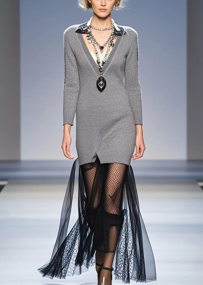 French Grey V Neck Patchwork Tulle Knitwear Dress Winter