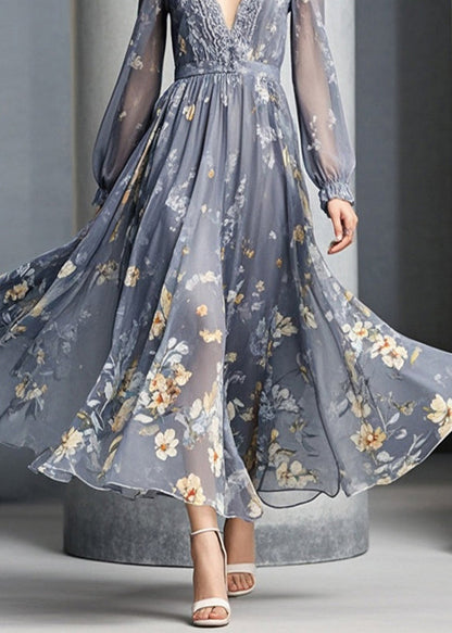 French Grey V Neck Print Chiffon Party Dresses Fall