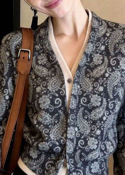 French Grey V Neck Print False Two Pieces Cotton Top Fall