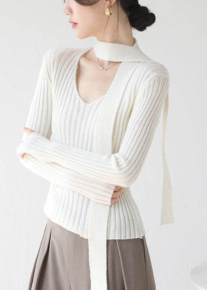 French Grey V Neck Ribbon Knit Sweaters Spring