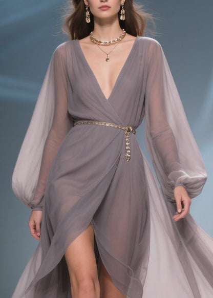 French Grey V Neck Side Open Chiffon Long Dresses Spring
