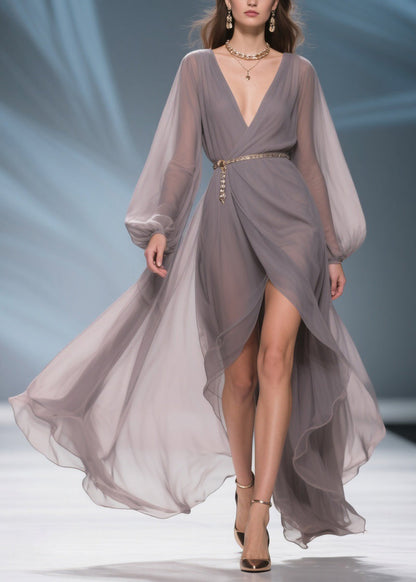 French Grey V Neck Side Open Chiffon Long Dresses Spring