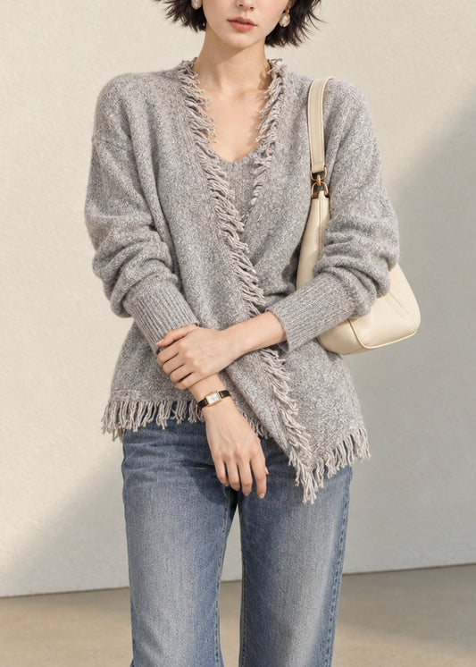 French Grey V Neck Tassel Asymmetrical Knitted Cotton Thread Sweater Long Sleeve