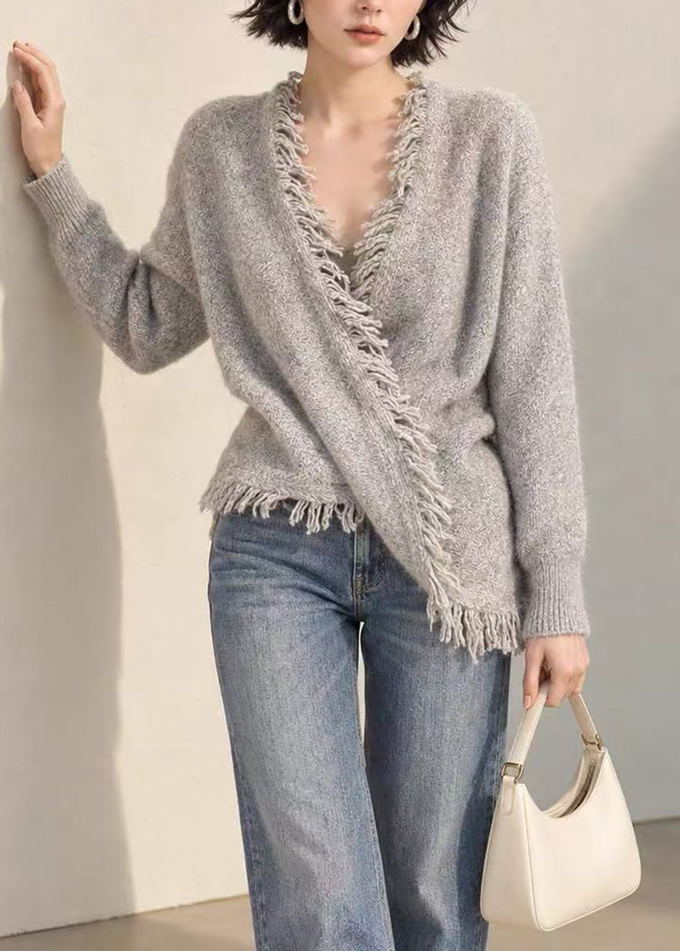 French Grey V Neck Tassel Asymmetrical Knitted Cotton Thread Sweater Long Sleeve