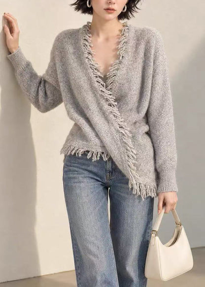 French Grey V Neck Tassel Asymmetrical Knitted Cotton Thread Sweater Long Sleeve