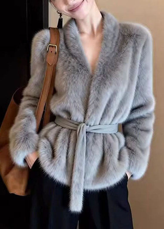 French Grey V Neck Tie Waist Faux Mink Hair Coat Winter