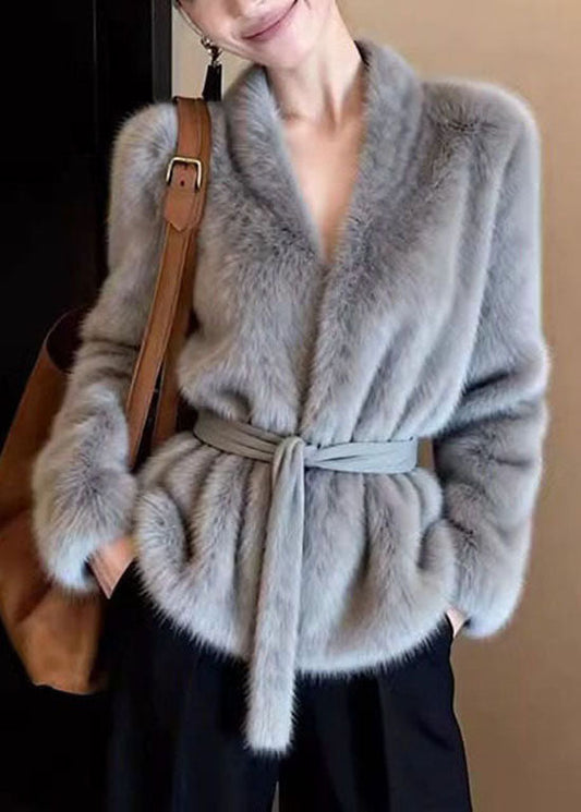 French Grey V Neck Tie Waist Faux Mink Hair Coat Winter