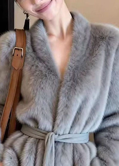 French Grey V Neck Tie Waist Faux Mink Hair Coat Winter