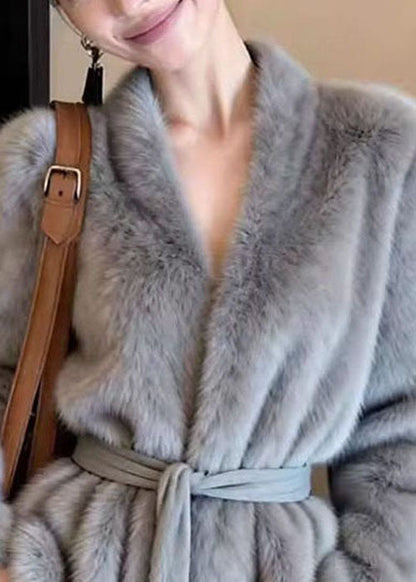 French Grey V Neck Tie Waist Faux Mink Hair Coat Winter