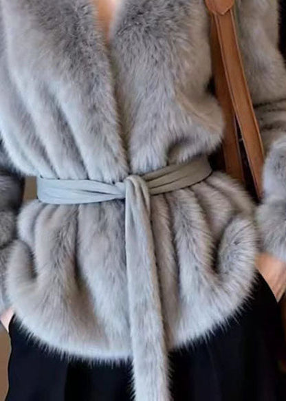French Grey V Neck Tie Waist Faux Mink Hair Coat Winter