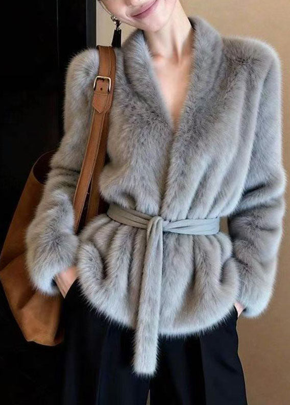 French Grey V Neck Tie Waist Faux Mink Hair Coat Winter