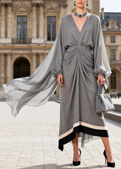 French Grey V Neck Wrinkled Patchwork Cotton Dress Long Sleeve