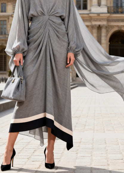 French Grey V Neck Wrinkled Patchwork Cotton Dress Long Sleeve