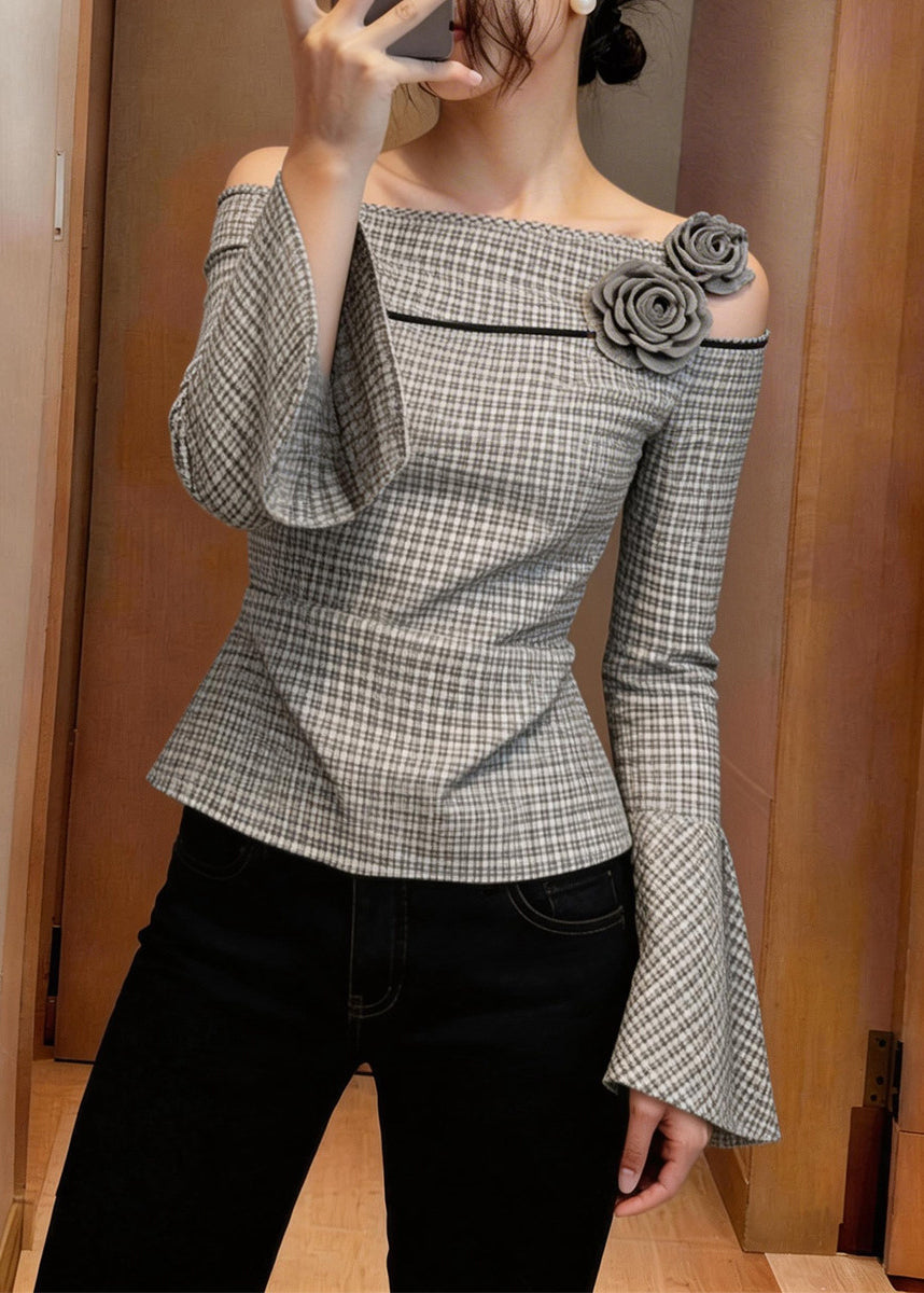 French Grey White Plaid Floral Slash Neck Top Flare Sleeve