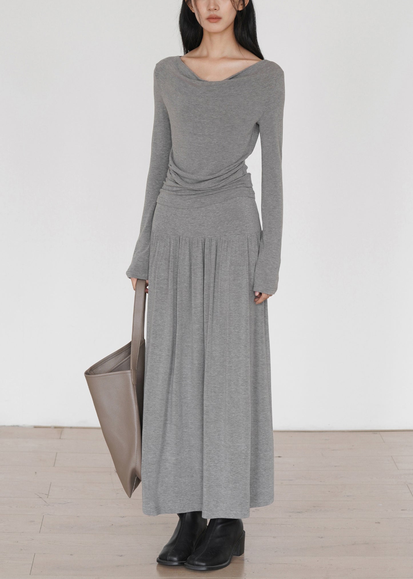 French Grey Wrinkled Cotton Two-Piece Set Long Sleeve