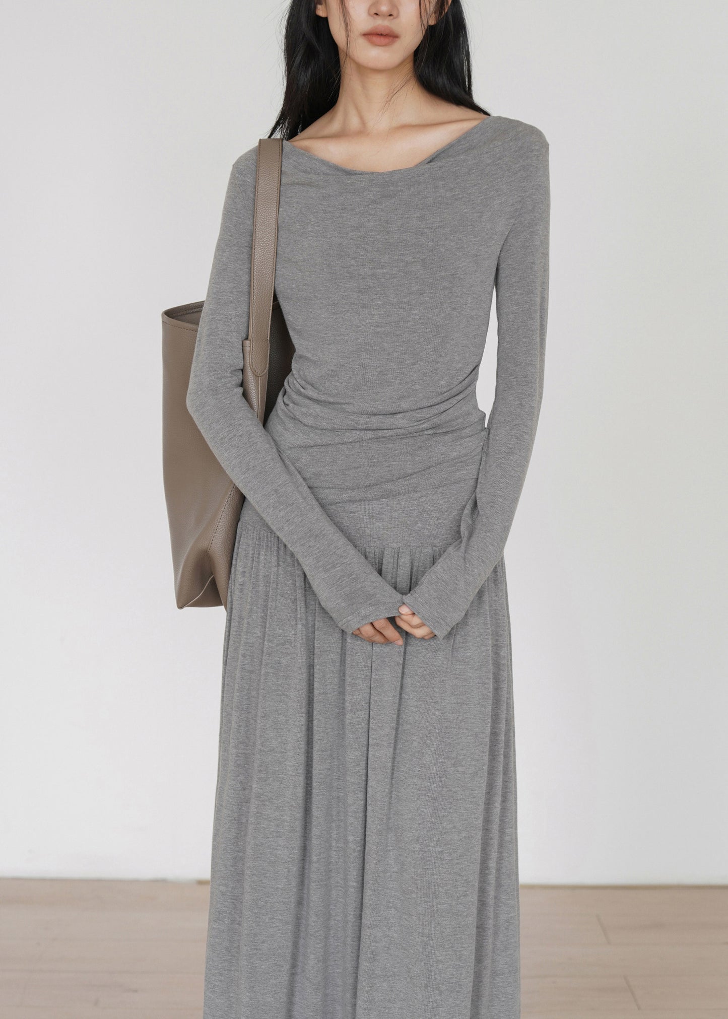 French Grey Wrinkled Cotton Two-Piece Set Long Sleeve