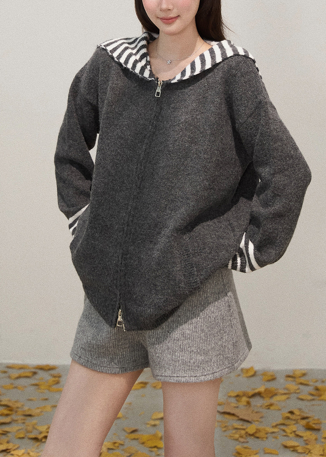 French Grey Zip Up Patchwork Shawl Knit Coats Winter