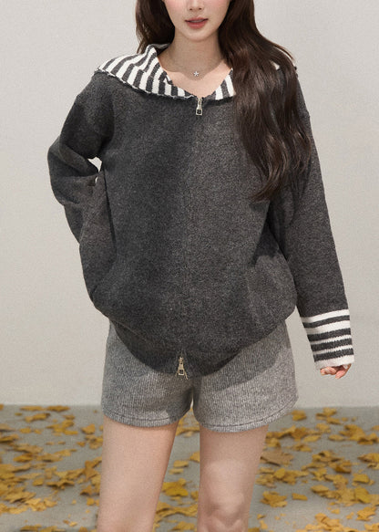 French Grey Zip Up Patchwork Shawl Knit Coats Winter