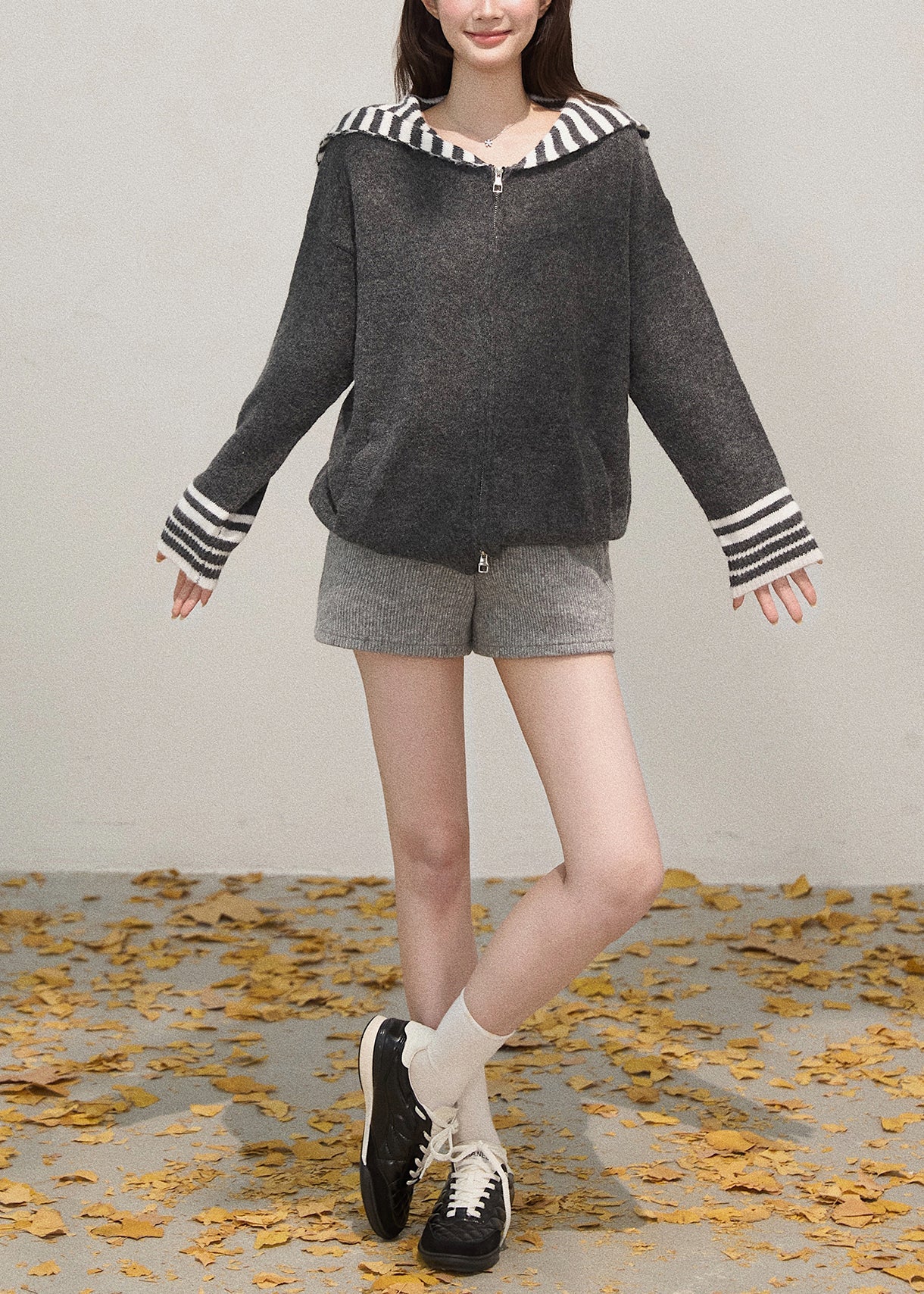 French Grey Zip Up Patchwork Shawl Knit Coats Winter