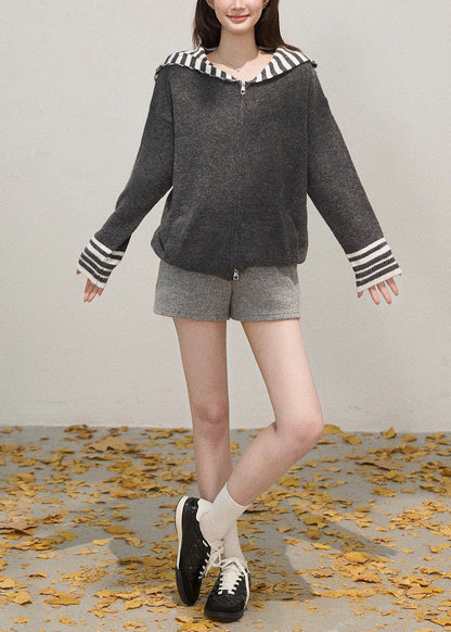 French Grey Zip Up Patchwork Shawl Knit Coats Winter