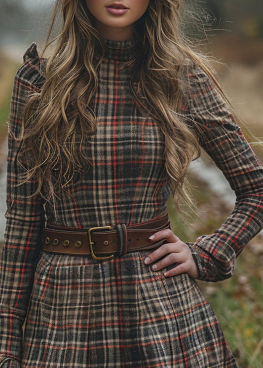 French Half High Neck Ruffled Plaid Cotton Dress Spring