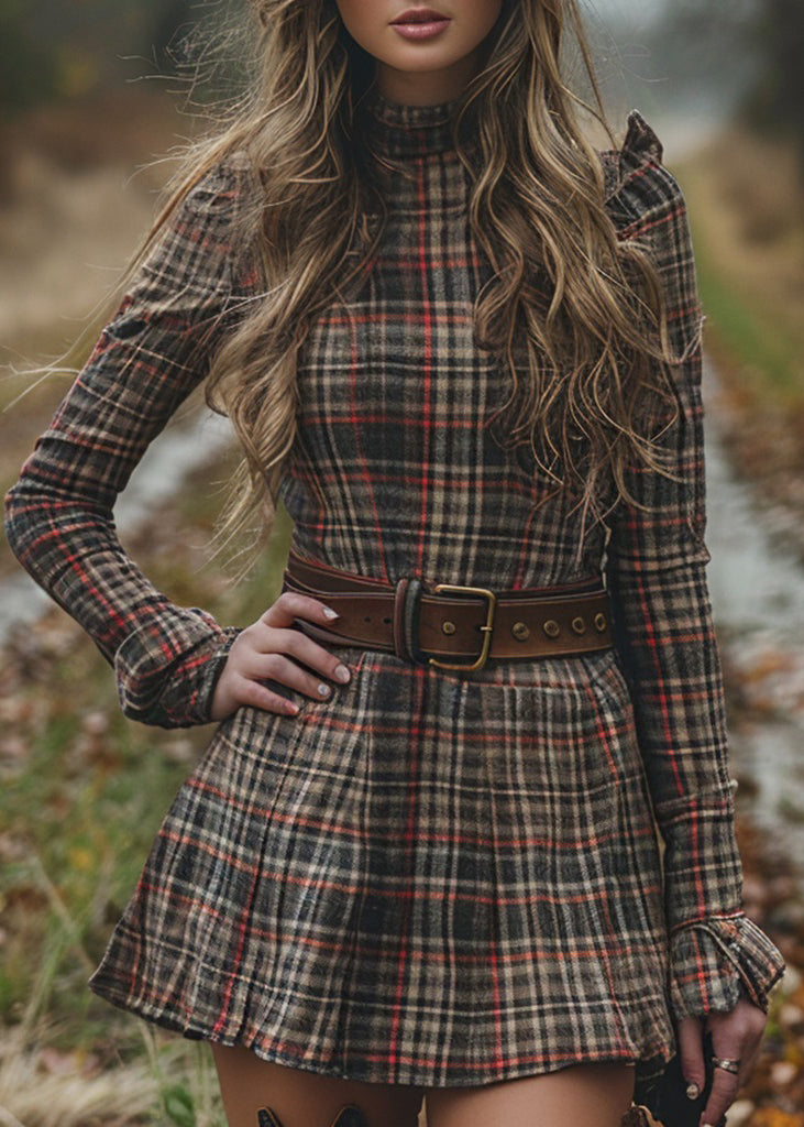 French Half High Neck Ruffled Plaid Cotton Dress Spring