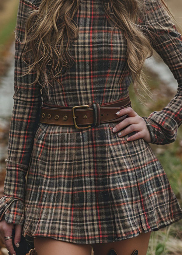 French Half High Neck Ruffled Plaid Cotton Dress Spring