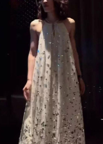 French Halter Sequins Line Maxi Spaghetti Strap Dress Sleeveless