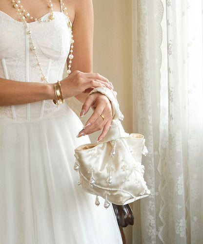 French Handmade Pearl Embroidery Versatile Bucket Bag