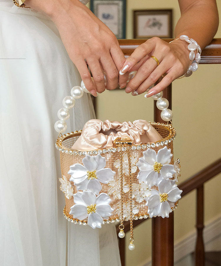 French Handmade Purple Pearl Flower Zircon Bucket Bag