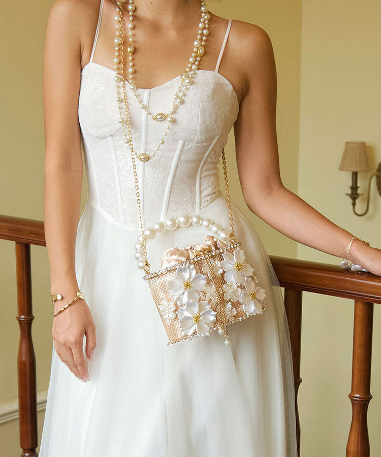 French Handmade Purple Pearl Flower Zircon Bucket Bag