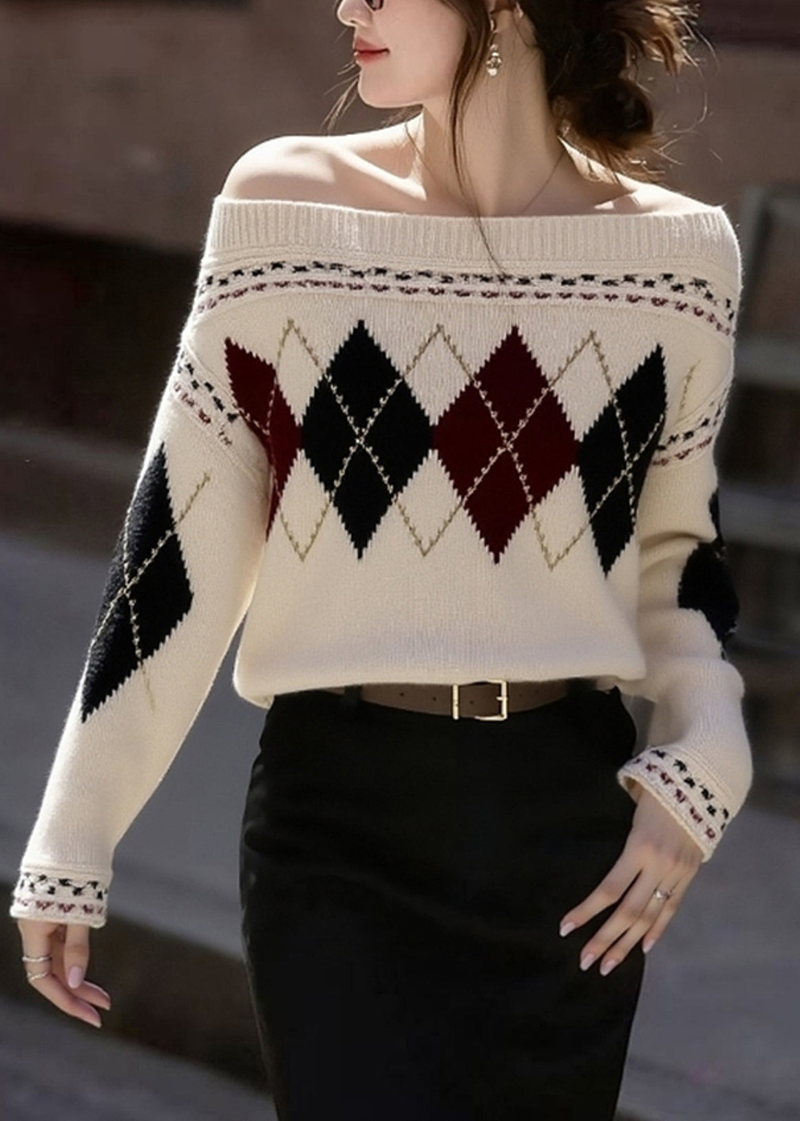 French Khaki Cold Shoulder Print Knit Sweaters Winter