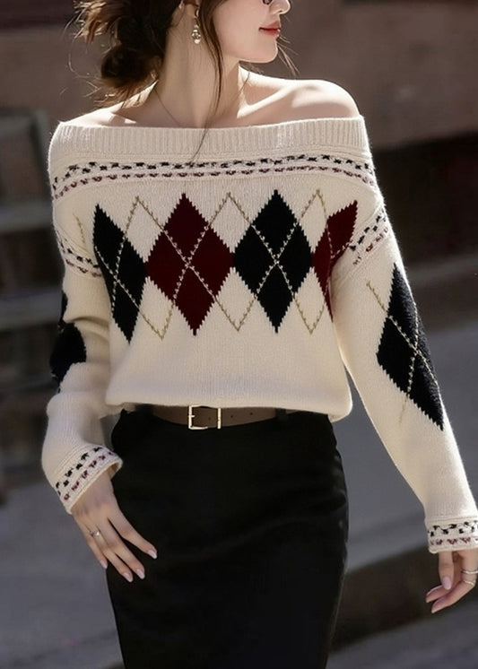 French Khaki Cold Shoulder Print Knit Sweaters Winter