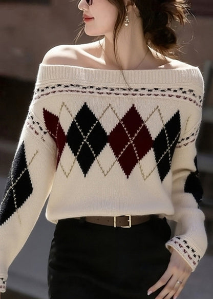 French Khaki Cold Shoulder Print Knit Sweaters Winter