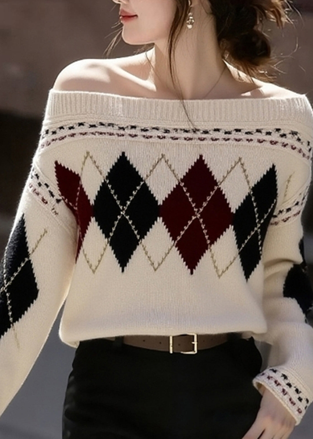 French Khaki Cold Shoulder Print Knit Sweaters Winter