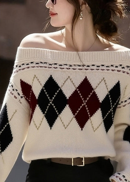 French Khaki Cold Shoulder Print Knit Sweaters Winter